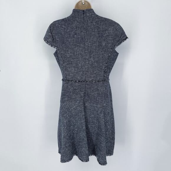 J. McLaughlin Zinnia Tweed Fit & Flare Dress Sz 4 Fringe Accent Navy White - Picture 7 of 13